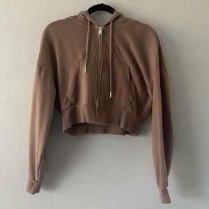 garage brown cropped zip up hoodie